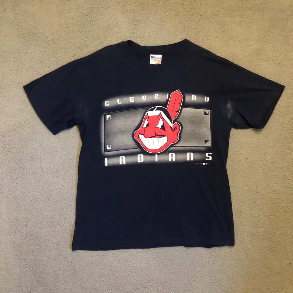 Vtg 1995 Cleveland Indians Chief Wahoo M L T Shirt Hanes Navy Blue MLB Champknit